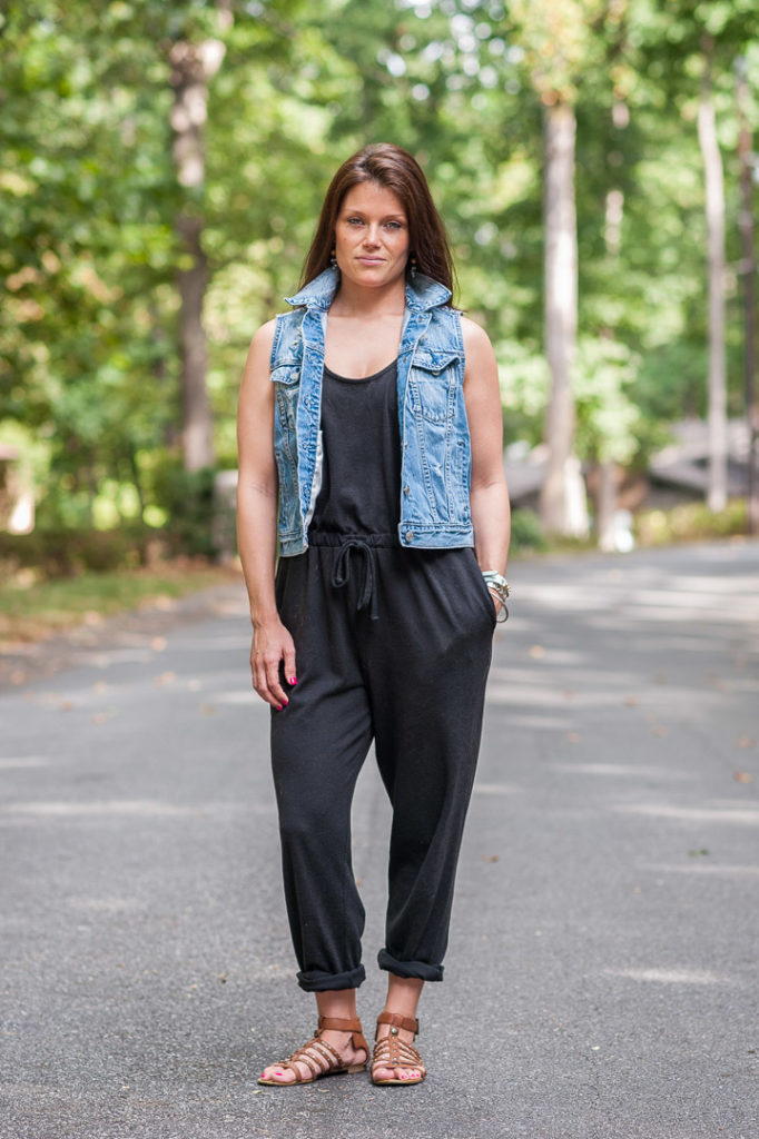 greenville, south carolina, denim vest, jumper, black, casual, mom style, day look, gladiator sandals, yeahthatgreenville, personal stylist, style coach