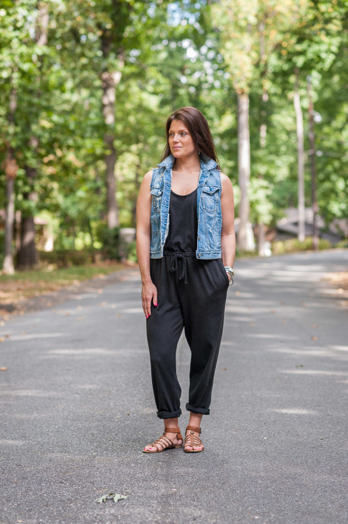 greenville, south carolina, denim vest, jumper, black, casual, mom style, day look, gladiator sandals, yeahthatgreenville, personal stylist, style coach